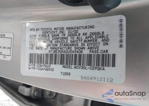2002 Toyota Camry Xle from USA, damaged, VIN 4T1BE30K62U543406